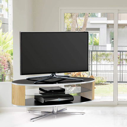 MDA Designs Orbit 1100 Gloss Black TV Stand with Oak Elliptic Sides for Flat Screen TVs up to 55" - Grade A