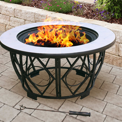 Centurion Supports NAVARO Premium Multi-Functional 360° Garden & Patio Round Fire Pit, Brazier, Coffee Table, Barbecue and Ice Bucket with White Ceramic Tiles - Grade A