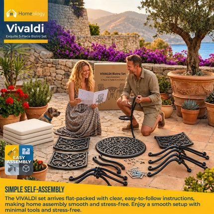 Homeology VIVALDI Black 5-Piece Cast Aluminium Garden Bistro Set - Rust-Proof Round Table with Parasol Hole & 4 Large Armchairs - with Cream Cushions