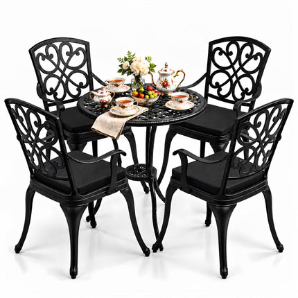 Homeology VIVALDI Black 5-Piece Cast Aluminium Garden Bistro Set - Rust-Proof Round Table with Parasol Hole & 4 Large Armchairs - with Black Cushions