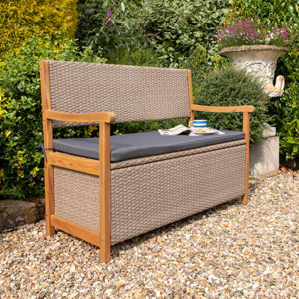 150L Underseat Storage Rattan Two-Seater Bench with Grey Seat Pad