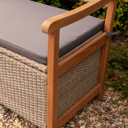 150L Underseat Storage Rattan Two-Seater Bench with Grey Seat Pad