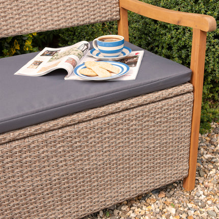 150L Underseat Storage Rattan Two-Seater Bench with Grey Seat Pad