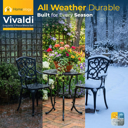 Homeology VIVALDI Black 3-Piece Cast Aluminium Garden Bistro Set - Rust-Proof Round Table with Parasol Hole & 2 Generously Sized Armchairs - with Green Cushions