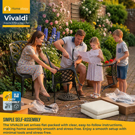 Homeology VIVALDI Black 3-Piece Cast Aluminium Garden Bistro Set - Rust-Proof Round Table with Parasol Hole & 2 Generously Sized Armchairs - with Cream Cushions