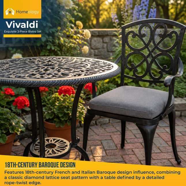 Homeology VIVALDI Black 3-Piece Cast Aluminium Garden Bistro Set - Rust-Proof Round Table with Parasol Hole & 2 Generously Sized Armchairs - with Grey Cushions