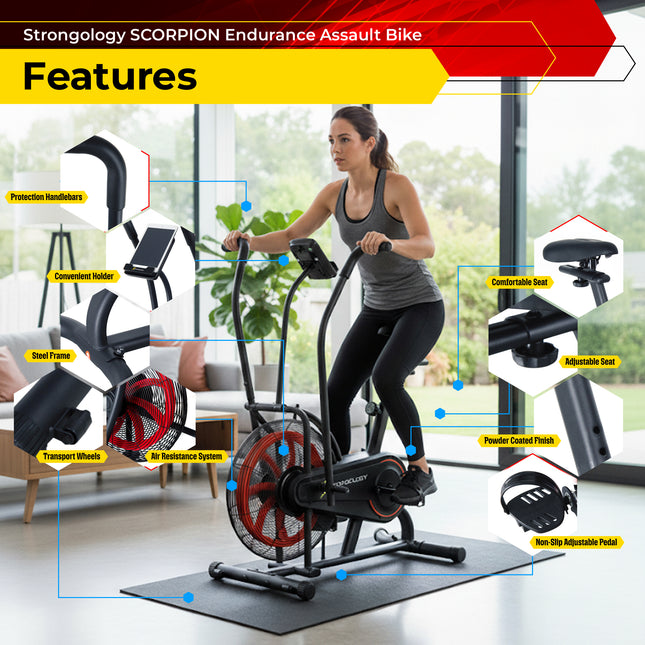 Strongology SCORPION Assault Bike – Compact Home Fitness Stationary Bike for Full Body Workouts with Smooth Fan Resistance and LCD Display