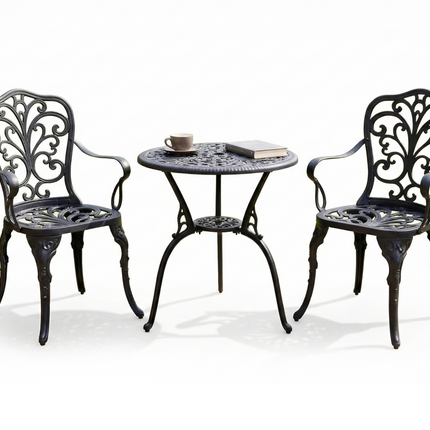 Centurion BANGUI 3 Piece Cast Aluminium Garden Bistro Set – Rust-Proof Outdoor Patio Table with Parasol Hole & 2 Large Chairs – Spanish Style Garden Furniture for Patio, Balcony & Conservatory – Black