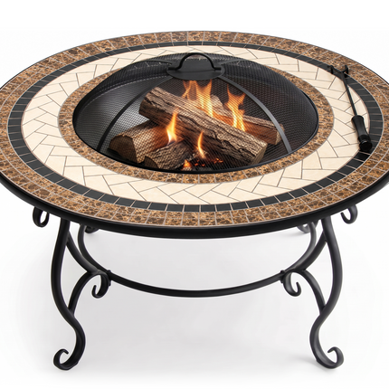 Centurion Supports TOPANGA High-End Round Multi-Functional Garden and Patio Heater, Fire Pit, Coffee Table, BBQ and Ice Bucket with Ceramic Tiles and Cover
