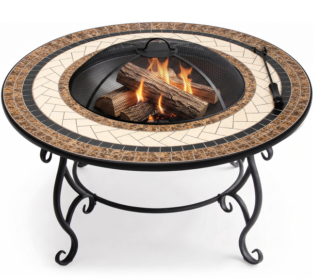 Centurion Supports TOPANGA High-End Round Multi-Functional Garden and Patio Heater, Fire Pit, Coffee Table, BBQ and Ice Bucket with Ceramic Tiles and Cover