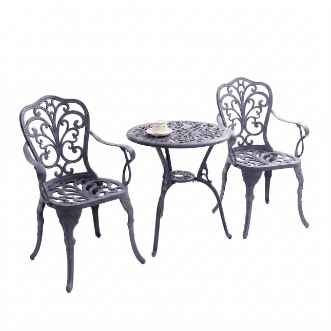 Centurion BANGUI 3 Piece Cast Aluminium Garden Bistro Set – Rust-Proof Outdoor Patio Table with Parasol Hole & 2 Large Chairs – Spanish Style Garden Furniture for Patio, Balcony & Conservatory – Grey