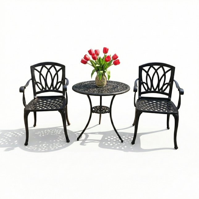 Centurion Supports POSITANO Garden and Patio Table and 2 Chairs Cast Aluminium Bistro Set - Black