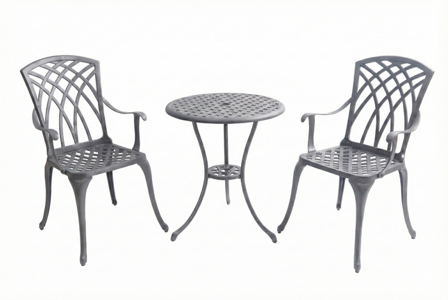 Centurion Supports OSHOWA Luxurious Garden and Patio Table and 2 Large Chairs with Armrests Cast Aluminium Bistro Set Grey