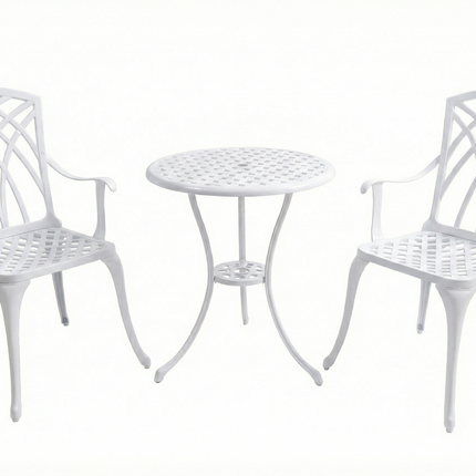 Homeology OSHOWA 3-Piece Cast Aluminium Bistro Set – Rust-Proof Round Table & 2 High-Backed Armchairs – Timeless French-Style Interlocking Lattice Basketweave Design – White Outdoor Patio Furniture