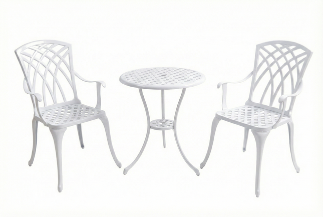 Homeology OSHOWA 3-Piece Cast Aluminium Bistro Set – Rust-Proof Round Table & 2 High-Backed Armchairs – Timeless French-Style Interlocking Lattice Basketweave Design – White Outdoor Patio Furniture