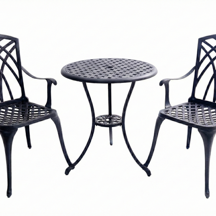 Centurion OSHOWA Luxurious Garden and Patio Table and 2 Large Chairs with Armrests Cast Aluminium Bistro Set - Black
