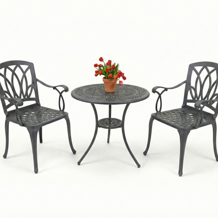 Centurion Supports POSITANO Luxurious Garden and Patio Table and 2 Large Chairs with Armrests Cast Aluminium Bistro Set - Grey