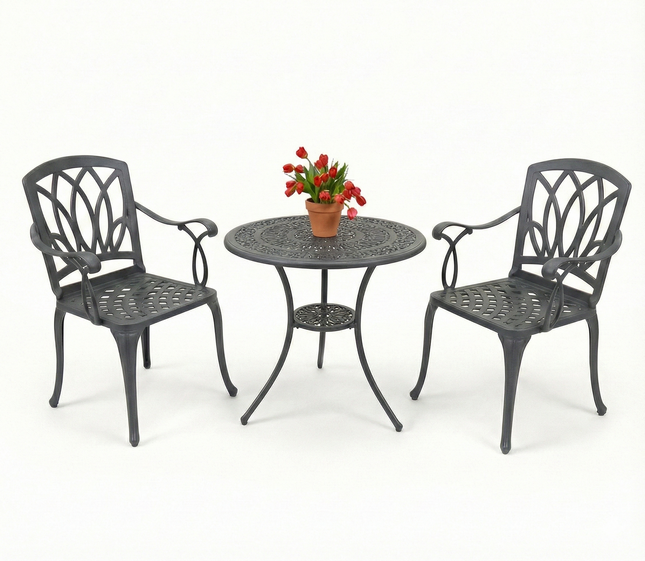 Centurion Supports POSITANO Luxurious Garden and Patio Table and 2 Large Chairs with Armrests Cast Aluminium Bistro Set - Grey