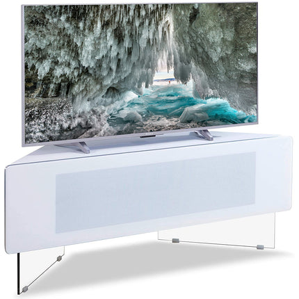 MDA Designs Antares Hybrid White Corner-Friendly Cabinet with Clear Acrylic Legs Hover Effect & Remote-Friendly Glass Door TV Stand - Grade A