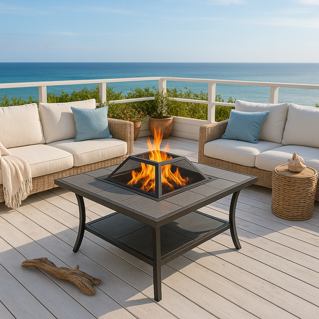 Centurion Supports SHANGO Multi-Functional Black with Ceramic Tiles Outdoor Garden Patio Square Heater Fire Pit Brazier and Outdoor Table - Grade A