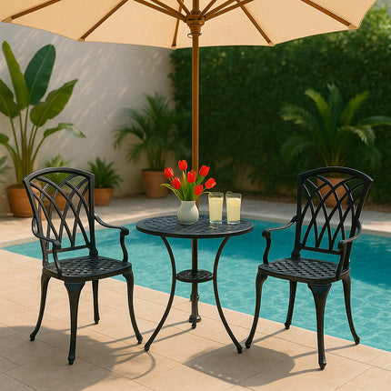 Centurion Supports OSHOWA Luxurious Garden and Patio Table and 2 Large Chairs with Armrests Cast Aluminium Bistro Set - Black