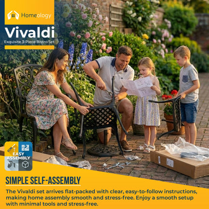Homeology VIVALDI 3-Piece Cast Aluminium Garden Bistro Set- Rust-Proof Round Table with Parasol Hole & 2 Generously Sized Armchairs- Exquisite Baroque Design for Patio, Balcony & Conservatory (Black)