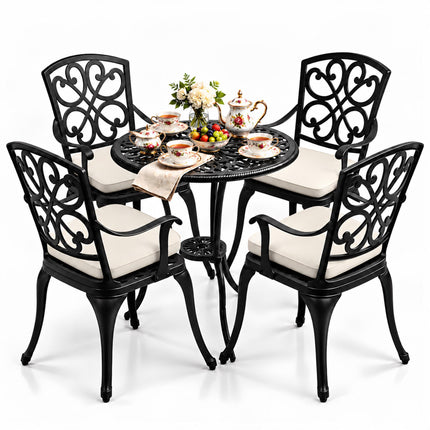 Homeology VIVALDI Black 5-Piece Cast Aluminium Garden Bistro Set - Rust-Proof Round Table with Parasol Hole & 4 Large Armchairs - with Cream Cushions