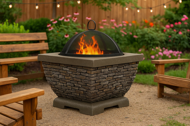 Centurion Supports Fireology TONTERIA Prestigious Garden and Patio Square Heater, Fire Pit, Brazier and Barbecue with Eco-Stone Finish