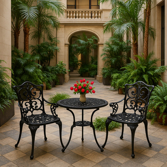 Centurion Supports TABREEZ Garden and Patio Table and 2 Large Chairs with Armrests Cast Aluminium Bistro Set - Black