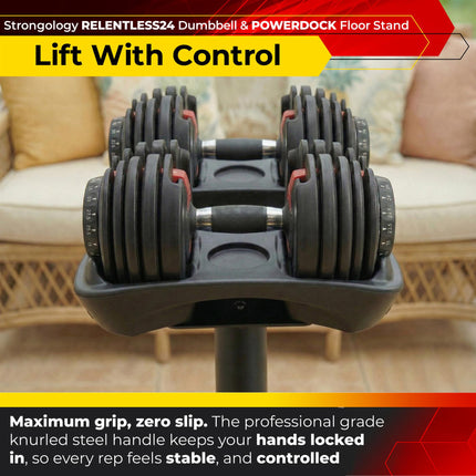 Strongology RELENTLESS24 Adjustable Dumbbell Pair (2.5kg–24kg) + POWERDOCK Floor Stand | 15-in-1 Quick-Select Weights | Heavy Duty Ergonomic V-Frame Floor Stand with Wheels | Complete Home Gym Bundle