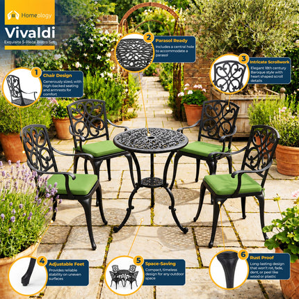 Homeology VIVALDI Black 5-Piece Cast Aluminium Garden Bistro Set - Rust-Proof Round Table with Parasol Hole & 4 Large Armchairs - with Green Cushions