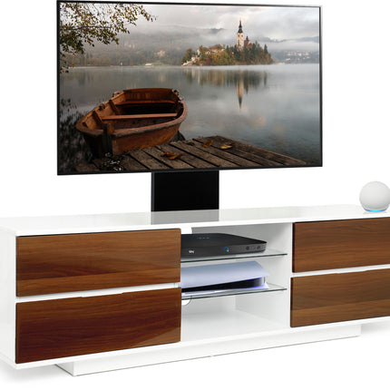 Centurion Supports Avitus Gloss White with 4 Walnut Drawers and 2 Glass Shelves up to 65" LED, LCD, Plasma TV Stand with Mounting Arm