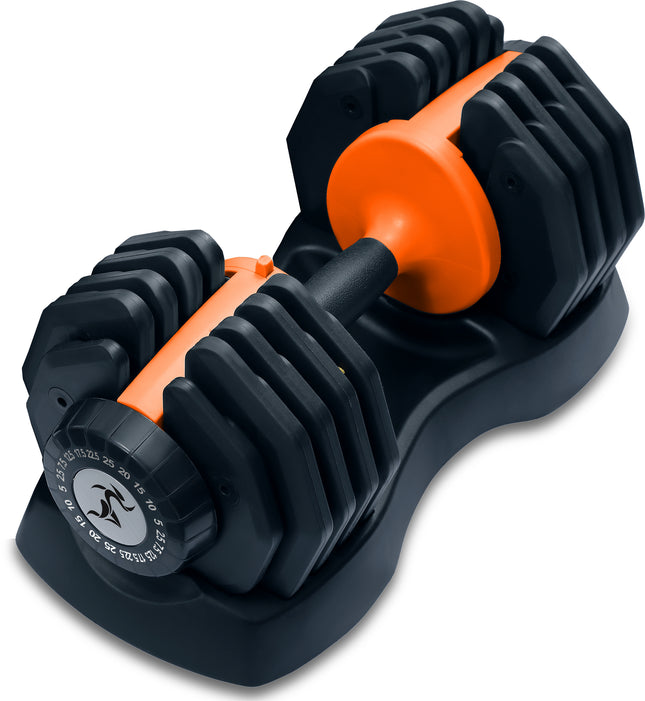 Strongology URBAN25 Orange Adjustable Single Dumbbell | 2.5kg to 25kg Quick-Select Weight | 10-in-1 Space-Saving Design | Soft-Grip Handle | Secure Plate-Locking System | Home Gym Strength Training Workouts
