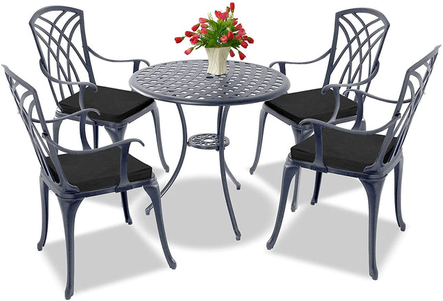 Centurion Supports OSHOWA Luxurious Garden and Patio Table and 4 Large Chairs with Armrests Cast Aluminium Bistro Set - Grey with Black Cushions