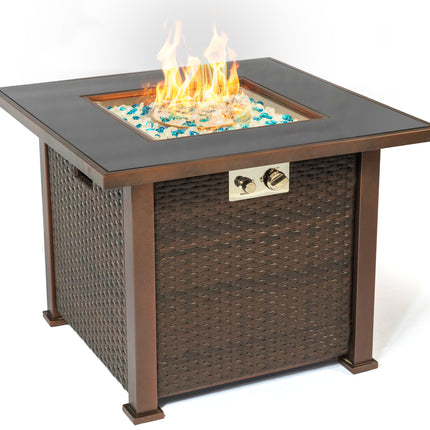 MDA Designs Ostara Stylish Wicker Garden and Patio Glass Tabletop Gas Fire Pit