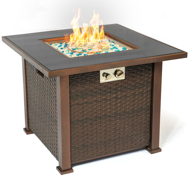 MDA Designs Ostara Stylish Wicker Garden and Patio Glass Tabletop Gas Fire Pit