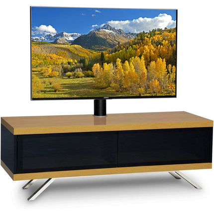 MDA Designs TUCANA 1200 Hybrid Black Oak Cabinet with Beam Thru Remote-Friendly Doors up to 60" Flat Screen TV Stand with Mounting Arm - Grade A