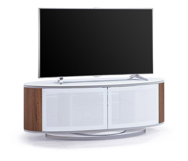 MDA Designs LUNA Gloss White Oval Cabinet with Walnut Profiles White BeamThru Glass Doors Suitable for Flat Screen TVs up to 50"