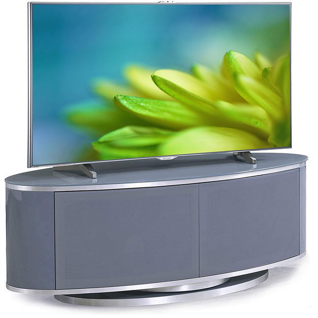 MDA Designs LUNA Grey Oval Cabinet with Grey Profiles & Grey BeamThru Glass Doors Suitable for Flat Screen TVs up to 50"
