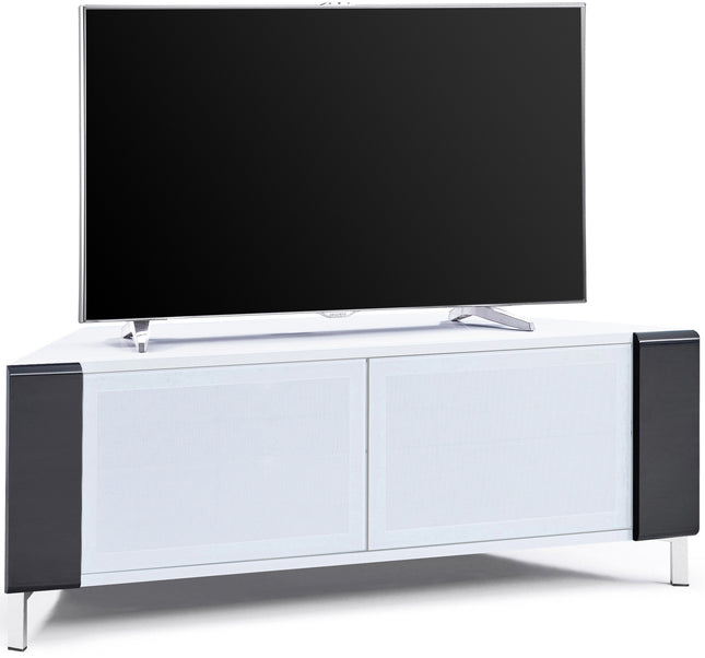 MDA Designs CORVUS Corner-Friendly Gloss White Contemporary Cabinet with Black Profiles White BeamThru Glass Doors Suitable for Flat Screen TVs up to 50"