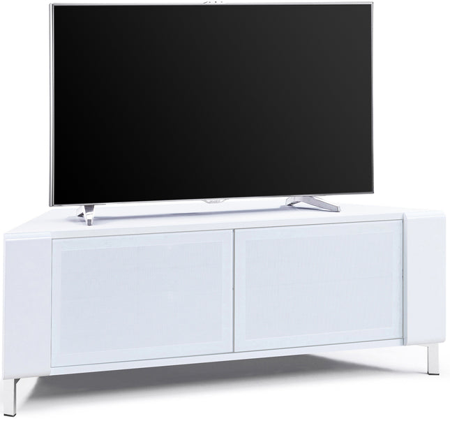 MDA Designs CORVUS Corner-Friendly Gloss White Contemporary Cabinet with White Profiles White BeamThru Glass Doors Suitable for Flat Screen TVs up to 50"