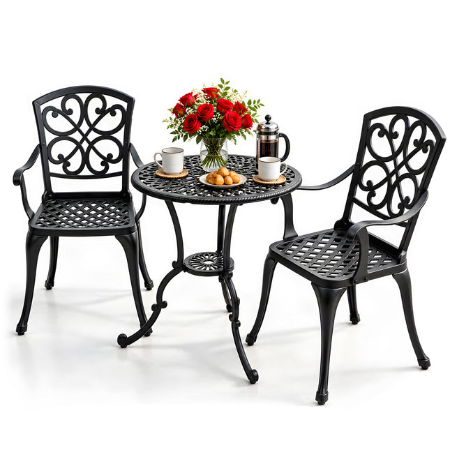 Homeology VIVALDI 3-Piece Cast Aluminium Garden Bistro Set- Rust-Proof Round Table with Parasol Hole & 2 Generously Sized Armchairs- Exquisite Baroque Design for Patio, Balcony & Conservatory (Black)