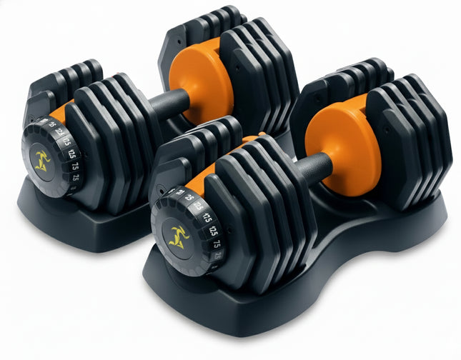 Strongology URBAN25 Orange Adjustable Dumbbell Pair | 2.5kg to 25kg Quick-Select Weight | 10-in-1 Space-Saving Design | Soft-Grip Handle | Secure Plate-Locking System | Home Gym Strength Training Workouts
