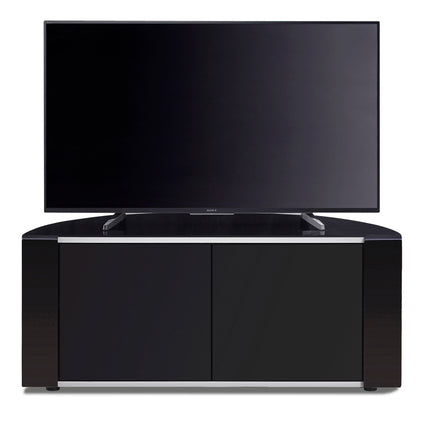 MDA Designs Sirius 850 Remote Friendly Beam Thru Glass Door Gloss Piano Black with Black Front Profiles & Silver Trim up to 40" LCD/Plasma/LED Cabinet TV Stand