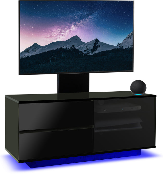 Centurion Supports Gallus Ultra Caninet Gloss Black with 2 Drawers and 3-Shelves 32"-55" Flat Screen TV Stand 16 colour LED Lights and Mounting Arm