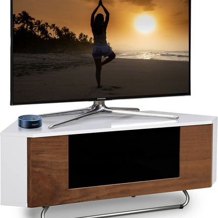 Centurion Supports Hampshire Corner-Friendly Gloss White with Walnut Contrast Beam-Thru Remote Friendly Door 26"-50" Flat Screen TV Cabinet
