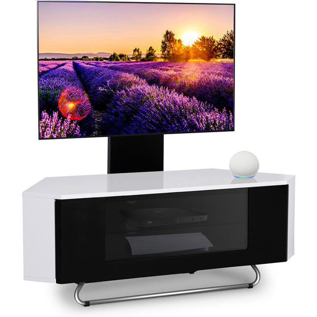 Centurion Supports Hampshire Corner-Friendly Gloss White with Black Beam-Thru Remote Friendly Door 26"-50" Flat Screen TV Cabinet with Mounting Arm