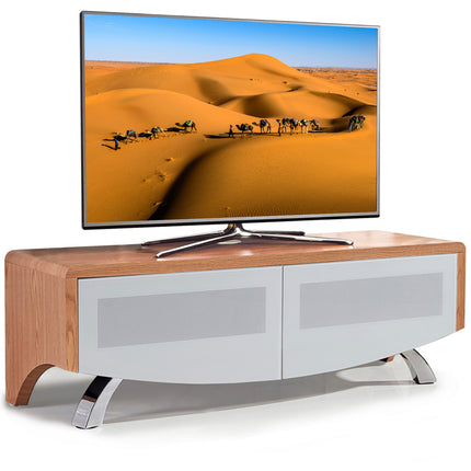 MDA Designs WAVE 1200 Oak with White Glass Hybrid BeamThru Remote-Friendly up to 60" Flat Screen Tv Cabinet - Grade A