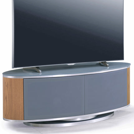 MDA Designs LUNA Grey Oval Cabinet with Oak Profiles & Grey BeamThru Glass Doors Suitable for Flat Screen TVs up to 50"