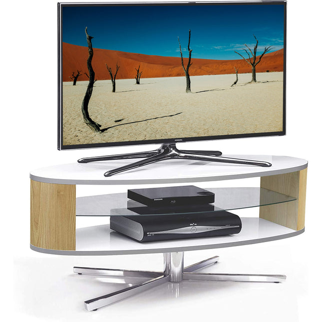 MDA Designs Orbit 1100WO Gloss White TV Stand with Oak Elliptic Sides for Flat Screen TVs up to 55" - Grade A